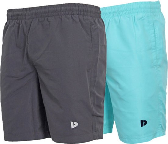 Donkergrijze en turquoise short met elastische tailleband en logo.