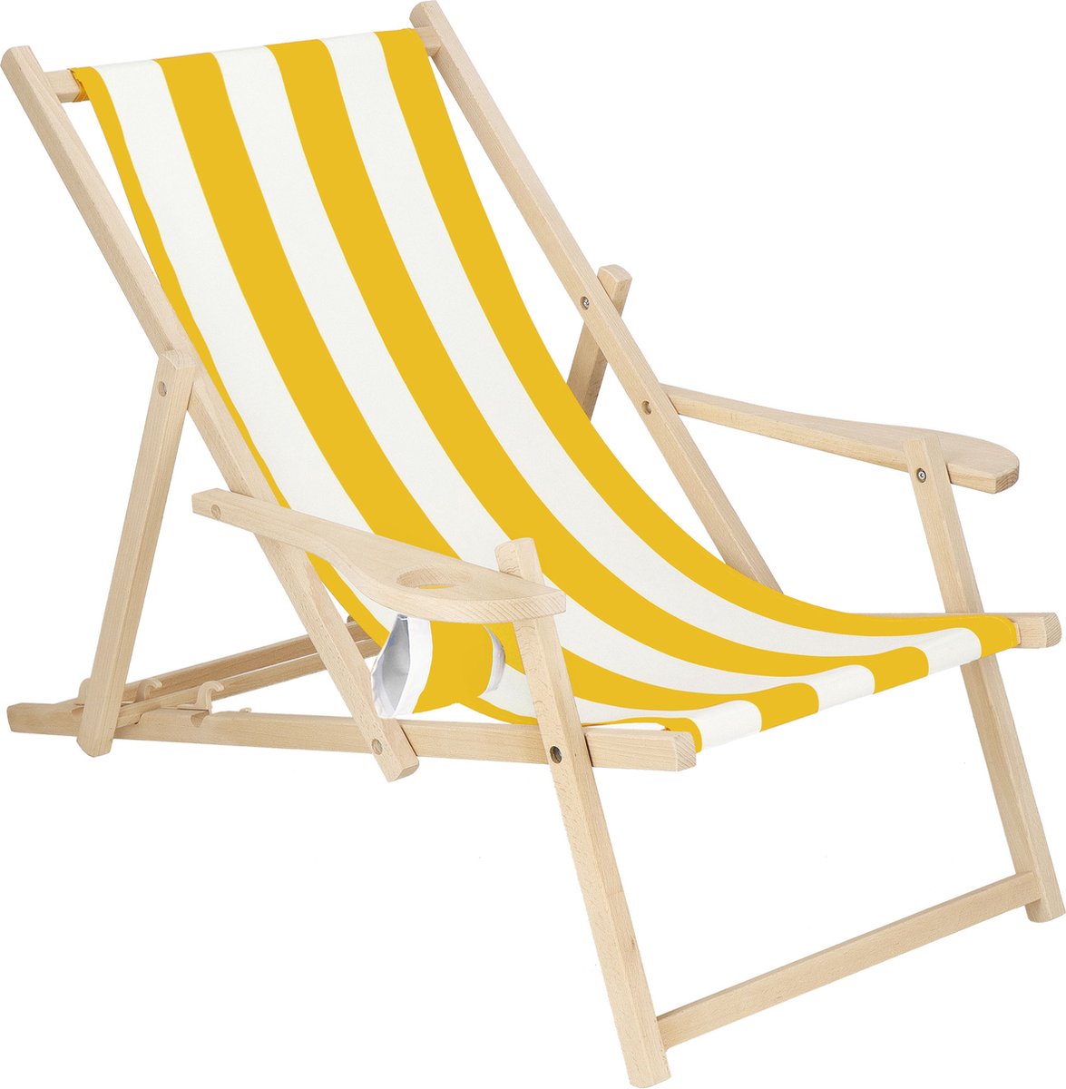 Springos - Ligbed - Strandstoel - Ligstoel - Verstelbaar - Armleuningen - Beukenhout - Handgemaakt - Geel/Wit