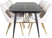 Gold eethoek eetkamertafel uitschuifbare tafel lengte cm 180 / 220 zwart en 6 Velvet Deluxe eetkamerstal velours beige, messing decor.