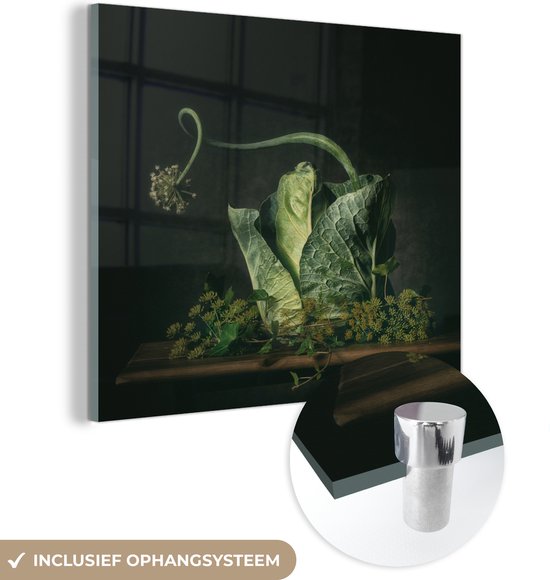 MuchoWow® Glasschilderij 90x90 cm - Schilderij acrylglas - Schilderij - Stilleven - Bloem - Kool - Groen - Wanddecoratie - Foto op glas - Schilderijen