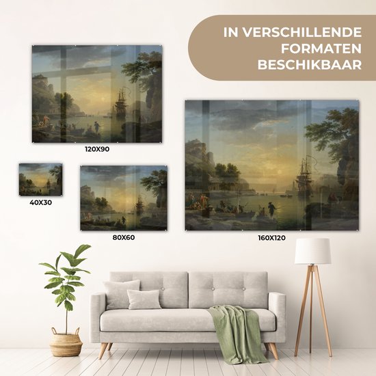 MuchoWow® Peinture sur verre 80x60 cm - Peinture sur verre acrylique - Un paysage au coucher du soleil - Peinture de Claude Joseph Vernet - Photo sur verre - Peintures