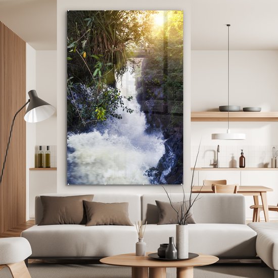 ® Glasschilderij 100x150 cm - Schilderij acrylglas - Prachtige foto van het landschap van het Nationaal park Iguazú met een doorbrekende zon - Foto op glas - Muurdecoratie woonkamer - Wanddecoratie slaapkamer - Schilderijen