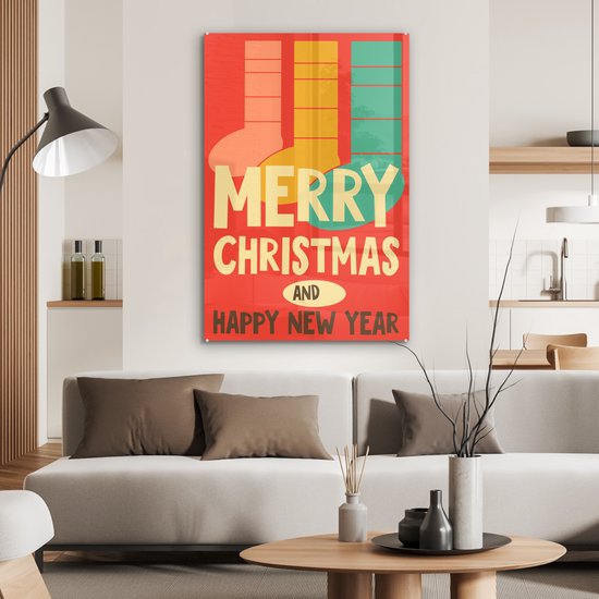 MuchoWow® Peinture sur verre 60x90 cm - Peinture sur verre acrylique - Chaussettes de Noël - Illustration - Noël - Citations - Dictons - Joyeux New et Happy année - Rouge - Photo sur verre - Peintures