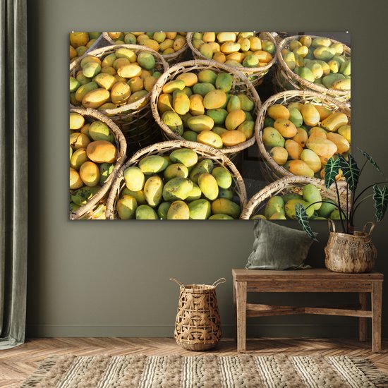MuchoWow® Peinture sur verre 150x100 cm - Peinture sur verre acrylique - Mango - Jaune - Vert - Panier - Photo sur verre - Peintures