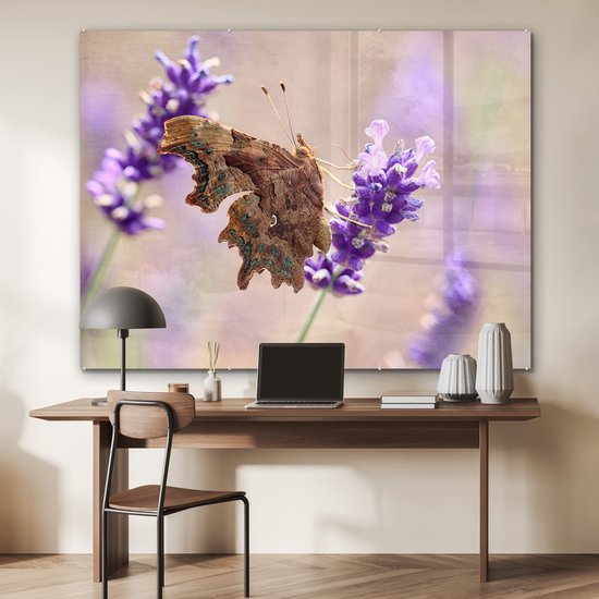 MuchoWow® Peinture sur verre 160x120 cm - Peinture sur verre acrylique - Le papillon aurelia craquelé boit du nectar - Photo sur verre - Peintures