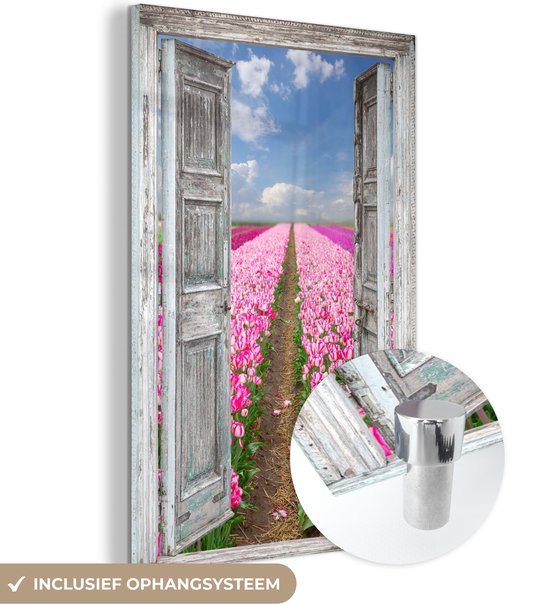 MuchoWow® Glasschilderij 20x30 cm - Schilderij acrylglas - Bloemen - Tulpen - Doorkijk - Regenboog - Foto op glas - Schilderijen