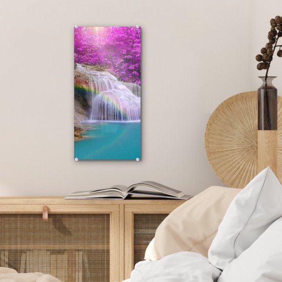 MuchoWow® Peinture sur verre 20x40 cm - Peinture sur verre acrylique - Cascade - Arbres - Arc-en-ciel - Violet - Photo sur verre - Peintures