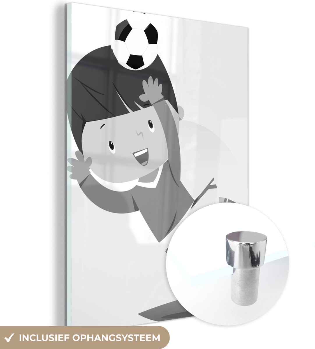 ® Glasschilderij 30x40 cm - Schilderij acrylglas - Een illustratie van een kind aan het voetballen - Kids - Baby - Jongens - Meisjes - Foto op glas - Muurdecoratie woonkamer - Wanddecoratie slaapkamer - Schilderijen