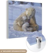 MuchoWow® Glasschilderij 90x90 cm - Schilderij acrylglas - IJsbeer - Baby - Sneeuw - Foto op glas - Schilderijen