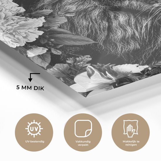 Peinture sur Verre - Lion - Fleurs - Feuille - Zwart - Wit - 90x90 cm - Peintures sur Verre Peintures - Photo sur Glas