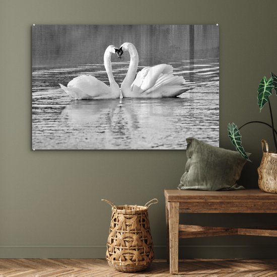 Peinture sur verre - Deux cygnes sur l'eau - noir et blanc - 120x80 cm - Peintures sur Verre Acrylique - Photo sur Glas