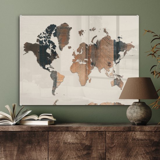 Peinture sur Verre - Carte du Wereldkaart - Bois - Planche - 80x60 cm - Peintures sur Verre Peintures - Photo sur Glas