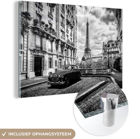 MuchoWow® Peinture sur verre - Photo allongée en noir et blanc de Paris avec une voiture - noir et blanc - 60x40 cm - Peintures sur verre acrylique - Photo sur Glas
