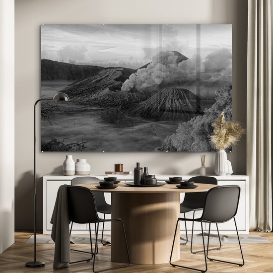 MuchoWow® Peinture sur verre 180x120 cm - Peinture sur verre acrylique - Indonésie - Volcan - Zwart - Wit - Photo sur verre - Peintures