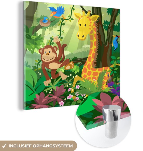 MuchoWow® Glasschilderij 90x90 cm - Schilderij acrylglas - Tropisch - Landschap - Jungle dieren - Meiden - Jongetjes - Baby - Kids - Foto op glas - Schilderijen