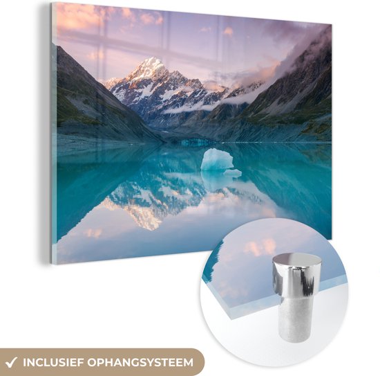 MuchoWow® Glasschilderij 120x80 cm - Schilderij acrylglas - Mount Cook bij zonsondergang fotoprint - Foto op glas - Schilderijen