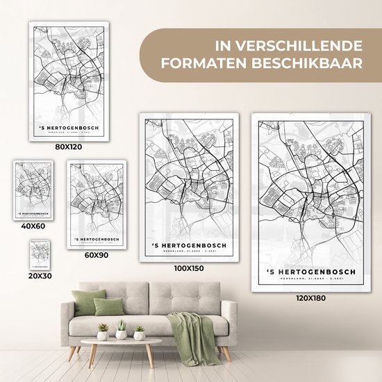 MuchoWow® Peinture sur verre 80x120 cm - Peinture sur verre acrylique - Carte - 's-Hertogenbosch - Zwart - Wit - Photo sur verre - Peintures