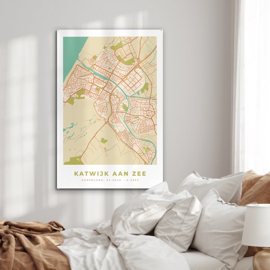 MuchoWow® Peinture sur verre 80x120 cm - Peinture sur verre acrylique - Carte - Katwijk aan Zee - Vintage - Photo sur verre - Peintures - Plan de la ville