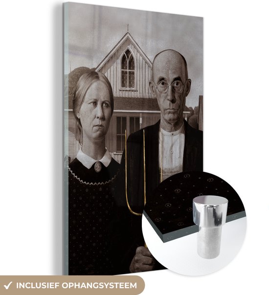 MuchoWow® Glasschilderij 100x150 cm - Schilderij acrylglas - American Gothic - Grant Wood - Goud - Foto op glas - Schilderijen