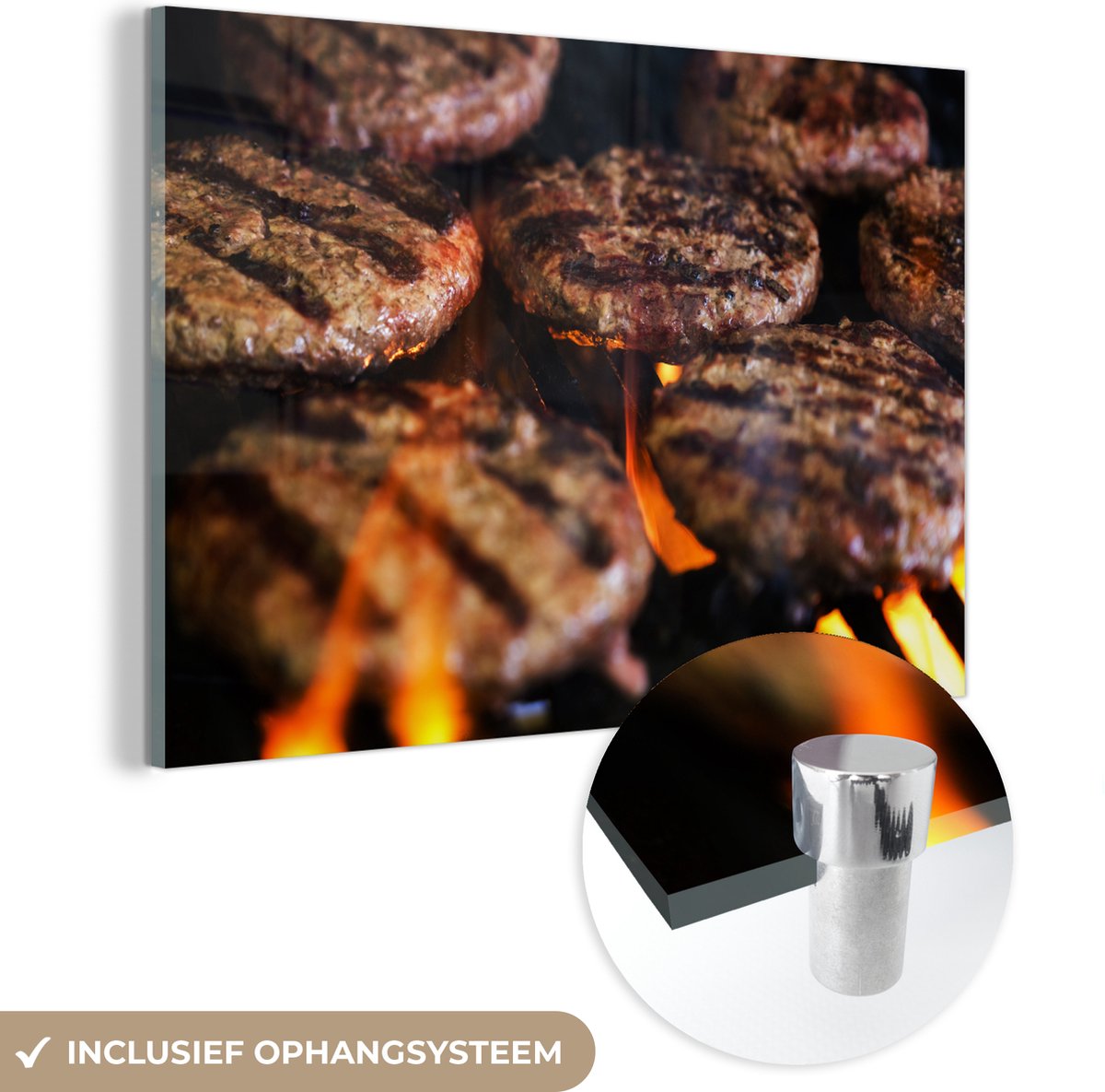 MuchoWow® Glasschilderij 90x60 cm - Schilderij acrylglas - BBQ - Vuur - Hamburger - Foto o
