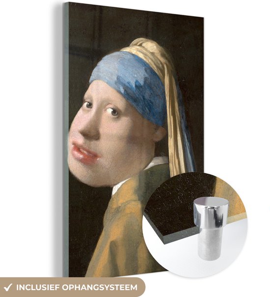 MuchoWow® Glasschilderij 100x150 cm - Schilderij acrylglas - Meisje met de parel - Johannes Vermeer - Karikatuur - Foto op glas - Schilderijen