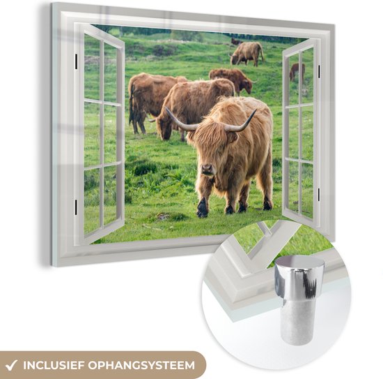 MuchoWow® Glasschilderij 60x40 cm - Schilderij acrylglas - Doorkijk - Gras - Schotse Hooglander - Foto op glas - Schilderijen