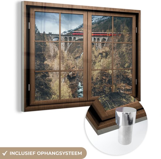 MuchoWow® Glasschilderij 120x80 cm - Schilderij acrylglas - Doorkijk - Trein - Berg - Foto op glas - Schilderijen