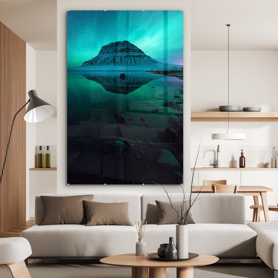 MuchoWow® Peinture sur verre - Aurores boréales derrière la montagne - 100x150 cm - Peintures sur verre acrylique - Photo sur Glas