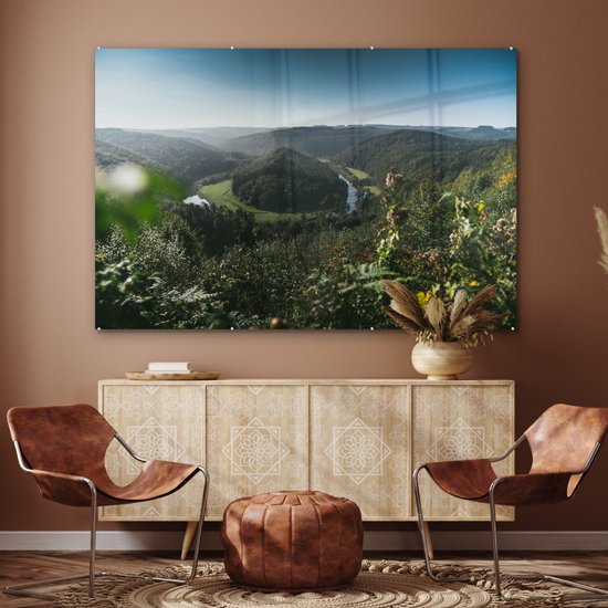 ® Glasschilderij 150x100 cm - Schilderij acrylglas - Een meanderende rivier in de Belgische Ardennen - Foto op glas - Muurdecoratie woonkamer - Wanddecoratie slaapkamer - Schilderijen