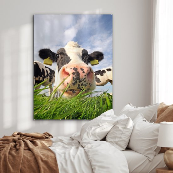 MuchoWow® Peinture sur verre 90x120 cm - Peinture sur verre acrylique - Vache - Ferme - Herbe - Animaux - Photo sur verre - Peintures