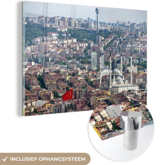 MuchoWow® Glasschilderij 180x120 cm - Schilderij acrylglas - Overzicht over de huizen en gebouwen van Ankara - Foto op glas - Schilderijen