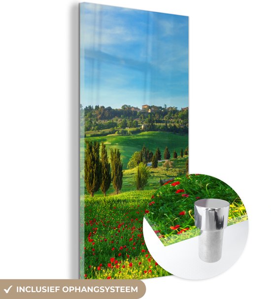 MuchoWow® Glasschilderij 80x160 cm - Schilderij acrylglas - Toscane - Landschap - Bloemen - Foto op glas - Schilderijen