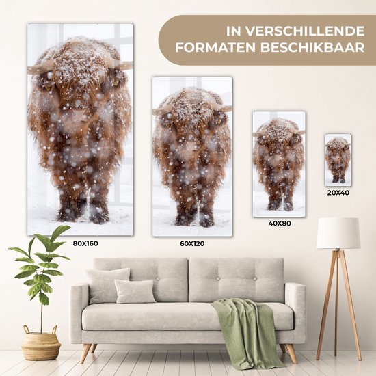 MuchoWow® Peinture sur verre 40x80 cm - Peinture acrylique sur verre - Highlander écossais - Vache - Neige - Photo sur verre - Peintures