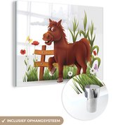 MuchoWow® Glasschilderij 40x30 cm - Schilderij acrylglas - Een illustratie van een pony in de wei - Foto op glas - Schilderijen