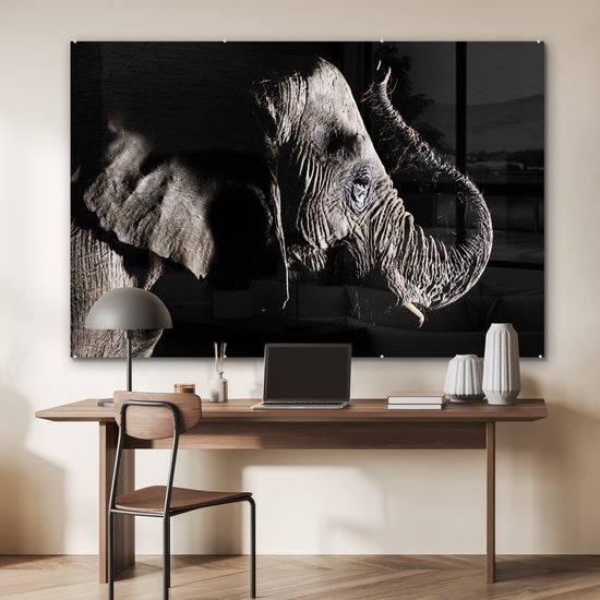 MuchoWow® Peinture sur verre 150x100 cm - Peinture sur verre acrylique - Éléphant - Zwart - Animaux - Nature - Photo sur verre - Peintures