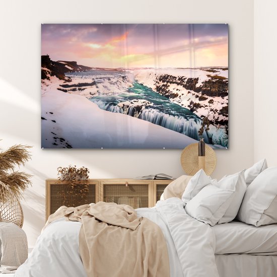 Formation de glace à la cascade de Gullfoss en Islande Plexiglas 180x120 cm - Tirage photo sur Glas (Décoration murale plexiglas) XXL / Groot format!