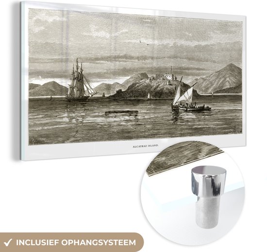 MuchoWow® Glasschilderij 40x20 cm - Schilderij acrylglas - Een geïllustreerde gravure van Alcatraz Island - Foto op glas - Schilderijen
