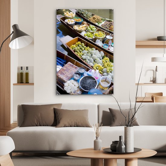 Peinture sur verre MuchoWow® 80x120 cm - Peinture acrylique sur verre - Bateaux flottants au marché en Thaïlande - Photo sur verre - Peintures