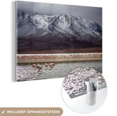 MuchoWow® Glasschilderij 120x80 cm - Schilderij acrylglas - Flamingo's voor een gebergte - Foto op glas - Schilderijen