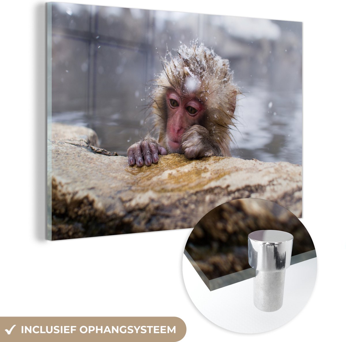 ® Glasschilderij 180x120 cm - Schilderij acrylglas - Japans - Baby - Sneeuw - Foto op glas - Muurdecoratie woonkamer - Wanddecoratie slaapkamer - Schilderijen