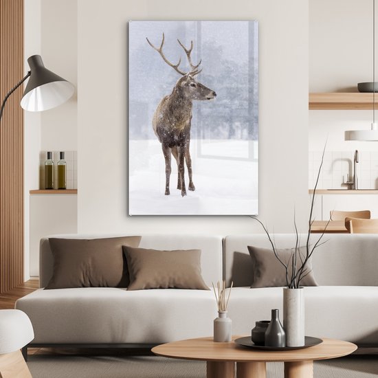 Peintures Plexiglas - Cerf - Bois - Neige - Hiver - 60x90 cm - Peinture sur verre
