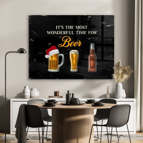 MuchoWow® Peinture sur Verre - Noël - Bières - C'est le moment le plus merveilleux pour la bière - Bonnet de Noel - Proverbes - Citations - 120x90 cm - Peintures sur Verre Acrylique - Photo sur Glas