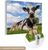 Une vache frisonne couchée sur de l'herbe verte fraîche Plexiglas 80x60 cm - Tirage photo sur Glas (décoration murale en plexiglas)