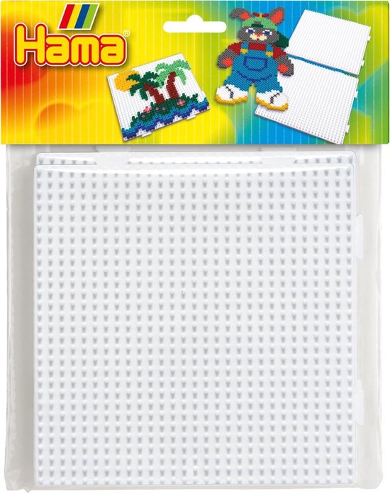 Hama midi strijkkralen set met vierkante grondplaten en voorbeeldpatronen van een palmboom en een konijn.