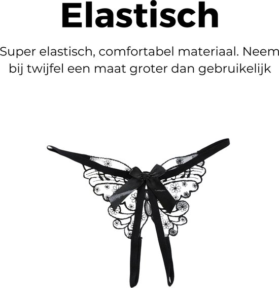 Sexy G-String met Vlinder - Open Kruis - Zwart - Erotisch Design met Kant - Dames String - Lingerie / Ondergoed - Maat M