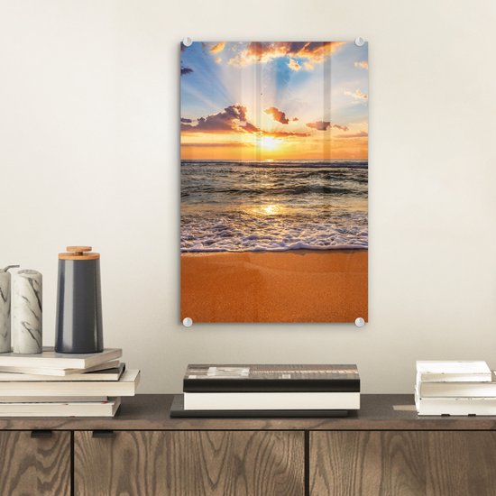 Peinture sur verre - Photo sur verre - Coucher de soleil - Plage - Mer - Nuages ​​- Peinture de plage - Plaque acrylique - Décoration murale - Peinture sur Glas - Verre acrylique - 20x30 cm - Peintures de salon