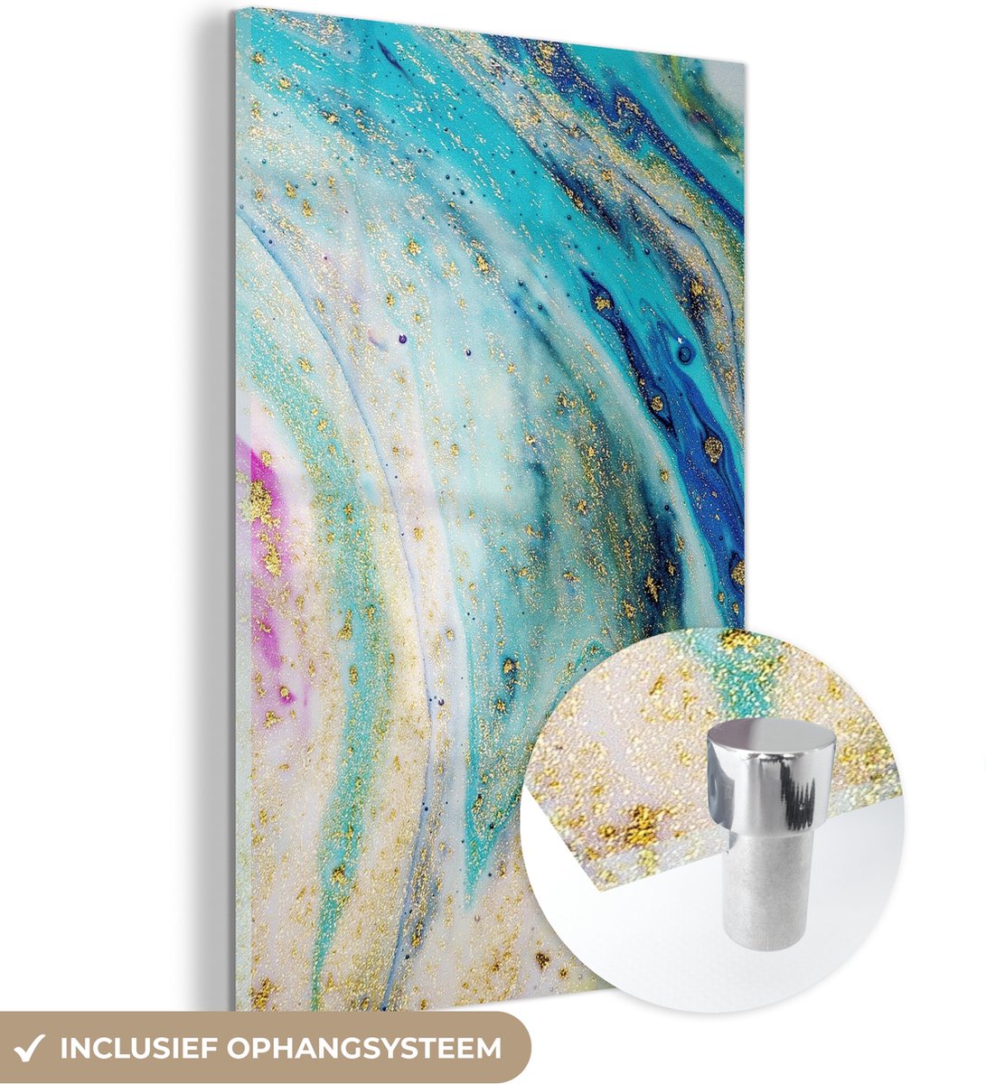 ® Glasschilderij 120x180 cm - Schilderij acrylglas - Marmer - Verf - Regenboog - Foto op glas - Muurdecoratie woonkamer - Wanddecoratie slaapkamer - Schilderijen