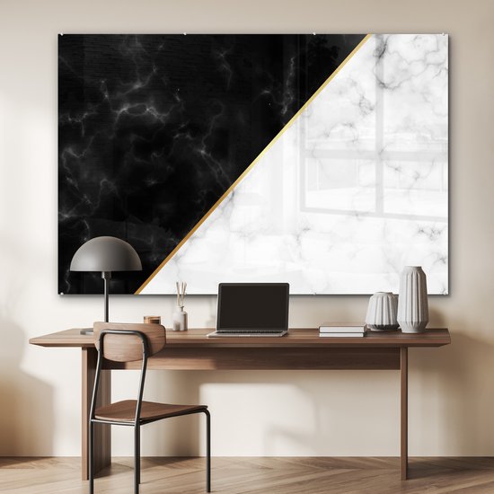 MuchoWow® Peinture sur verre 150x100 cm - Peinture acrylique sur verre - Marbre - Wit - Zwart - Or - Photo sur verre - Peintures
