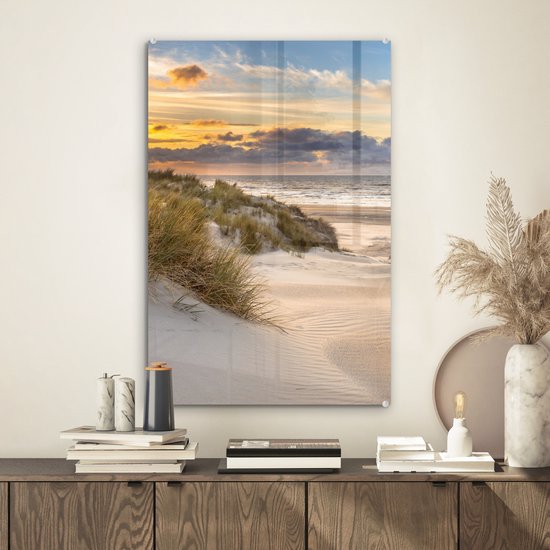 Tableau sur verre - Photo sur verre - Plage - Mer - Soleil - Dune - Décoration murale - 40x60 cm - Tableau sur verre - Décoration de chambre - Verre acrylique - Peintures salon - Portrait d'été