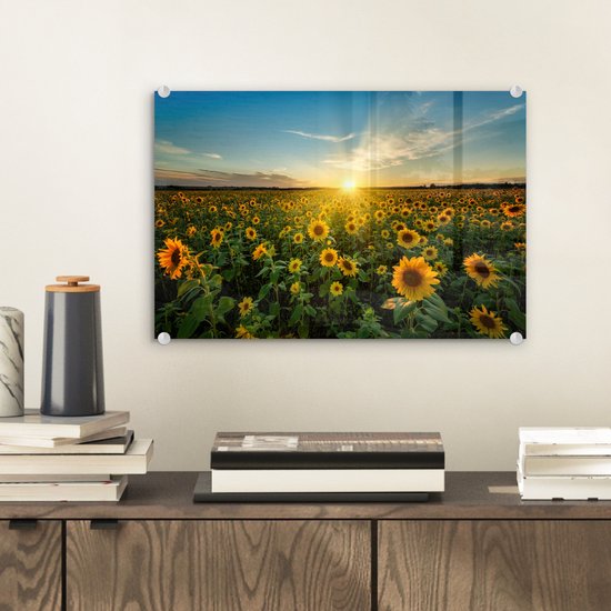 Peinture sur verre - Décoration murale - Fleurs - Tournesol - Jaune - Ciel - Peinture sur verre - Photo sur verre - Peinture fleurs - Verre acrylique - 30x20 cm - Décoration murale